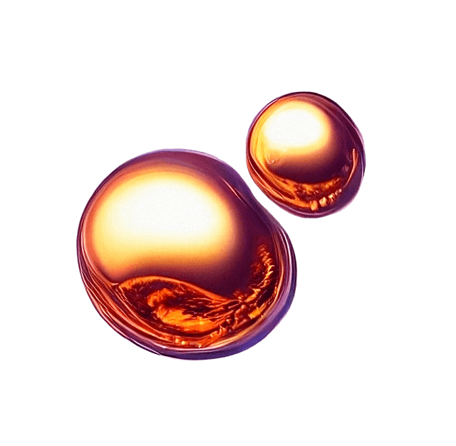 Two glossy, orange metallic droplets with a shiny surface