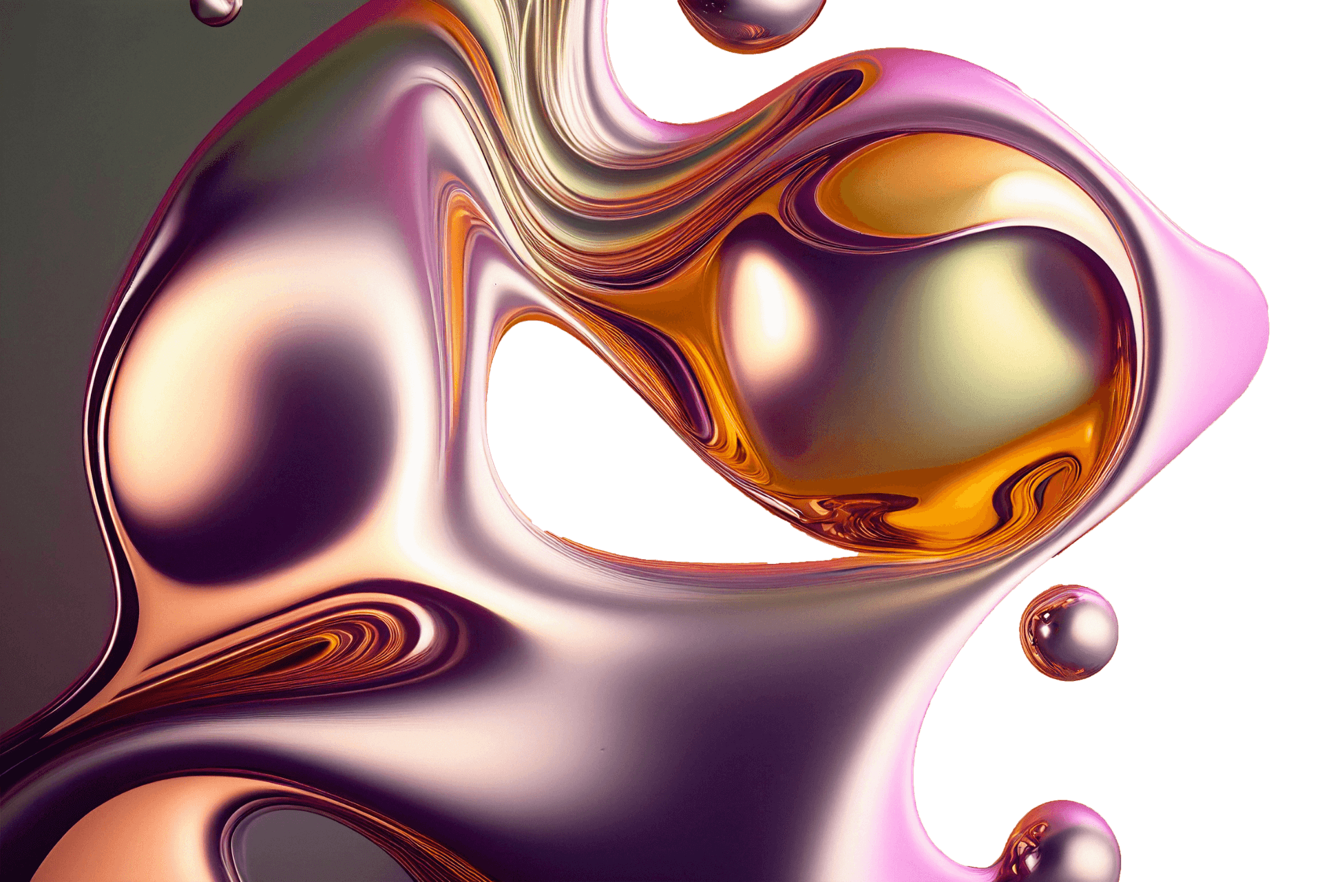 An abstract, smooth, fluid-like form with metallic hues of pink, gold, and purple, featuring a soft gradient and glossy texture, creating a liquid metal appearance.