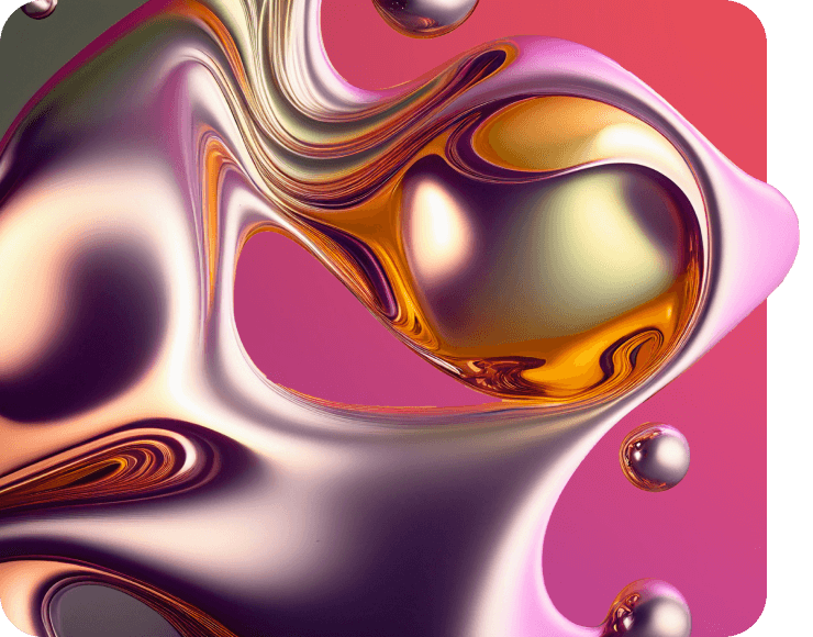 Abstract metallic fluid form with rounded edges on a gradient background